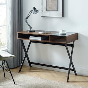 42 in. Rectangle Dark Walnut Wood and Glass X-Leg Computer Desk with 2-Cubbies