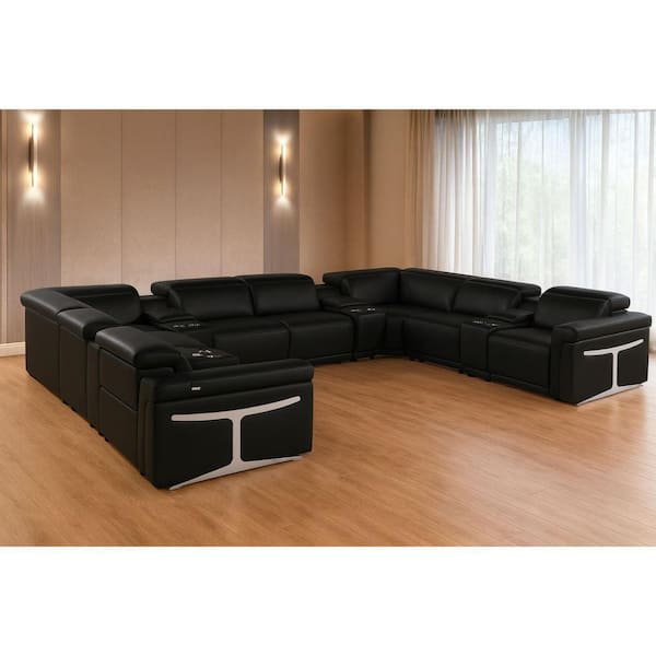 172.00 in. Square Arm 12 piece Leather U-Shaped Sectional Sofa in. Black