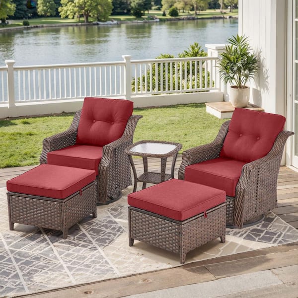 Modern Farmhouse 5-Piece Brown Wicker Outdoor Rocking Chair with 6 In. Red Cushions /Patio Matching Ottomans