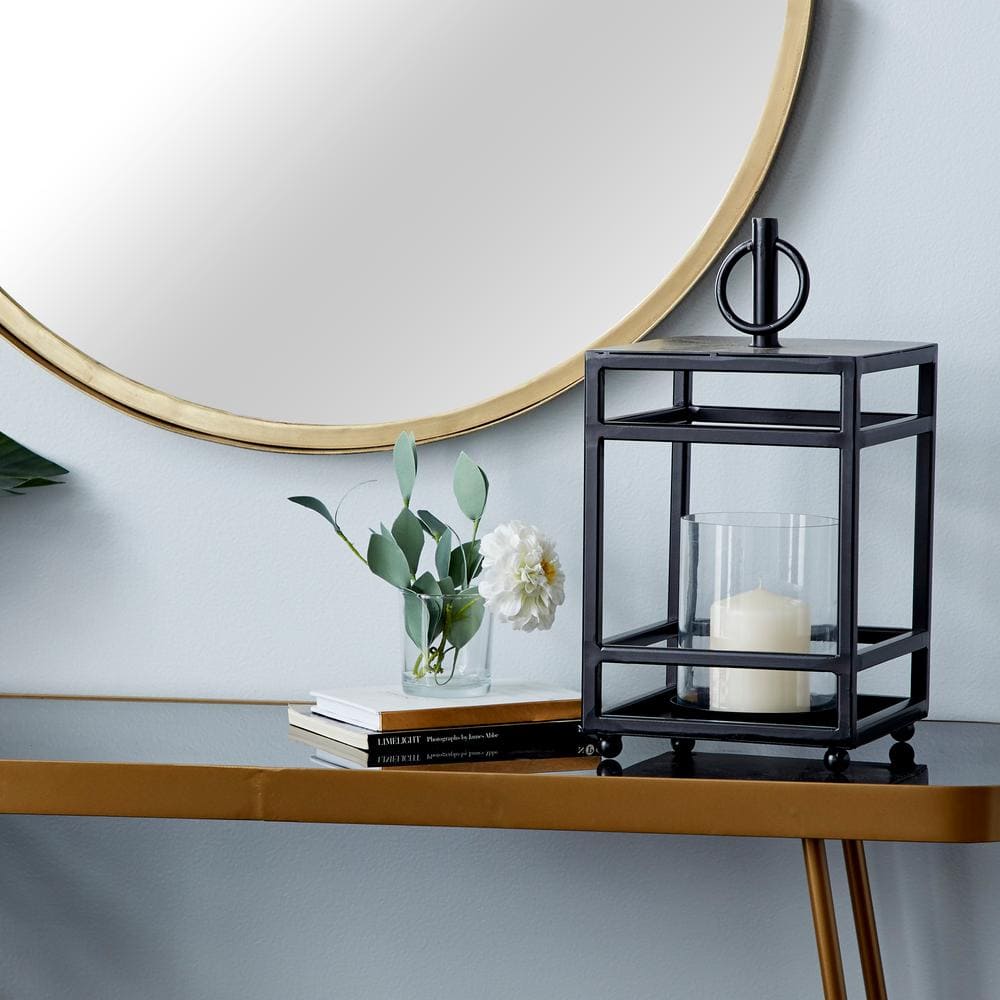 Contemporary Matte Black Metal & Glass Tabletop Lantern