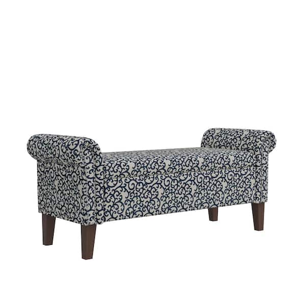 Handy Living Wallen Black Curly Vine Fabric Traditional Rolled Arm Rectangular Storage Bench 56.5 in. Ottoman with Nailheads