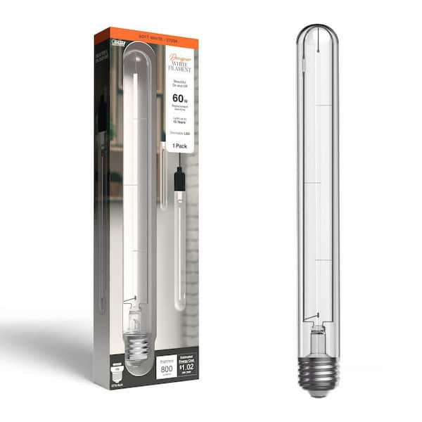 60-Watt Equivalent T10XL Dimmable Straight Thin White Filament Clear E26 Vintage Edison LED Light Bulb, Soft White 2700K