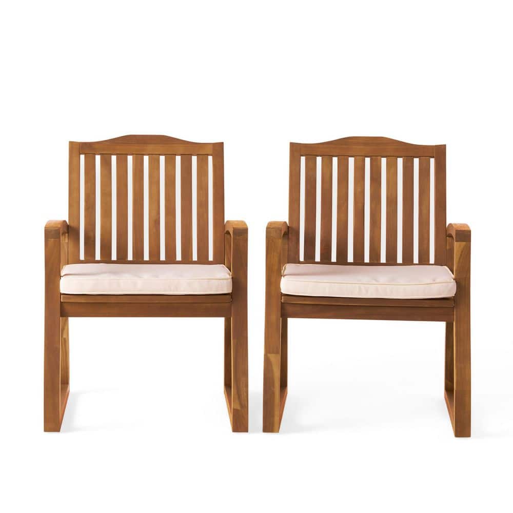 Teak Finish Padded Acacia Wood Outdoor Lounge Chair Set of 2 in Ivory durable construction price history on PriceWatchPro