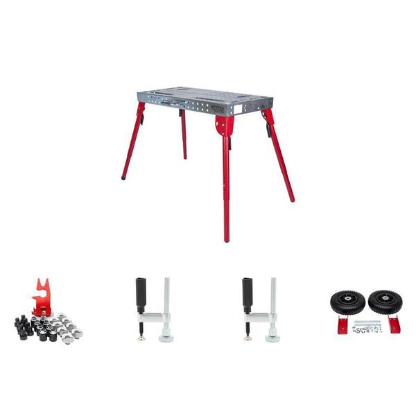 44 in. x 21 in. Adjustable Welding Table and Workbench with Fixturing, Clamp, and Wheel Kit Accessories (4-Piece Set)