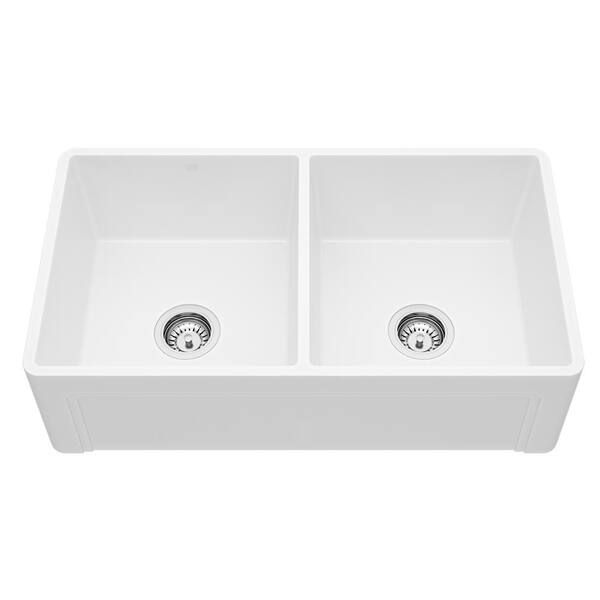 VIGO Matte Stone 33" Double Bowl Farmhouse Apron Front Undermount Kitchen Sink in Matte White with Accessories