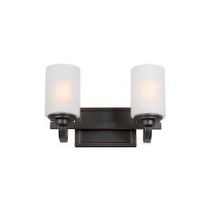 Hartford Lake 13.75 in. 2-Light Oil Rubbed Bronze Rustic Farmhouse Bathroom Vanity Light with Linen Glass Shades