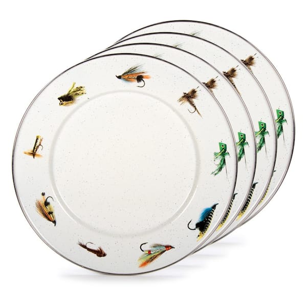 Golden Rabbit Fishing Fly 10.5 in. Enamelware Round Dinner Plates (Set of 4)
