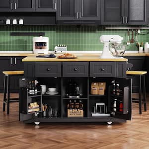 Black Classic Wood 53 in. Kitchen Island with Folding Panels/Electrical Outlet/In-Door Storage/Open Shelves Both Sides