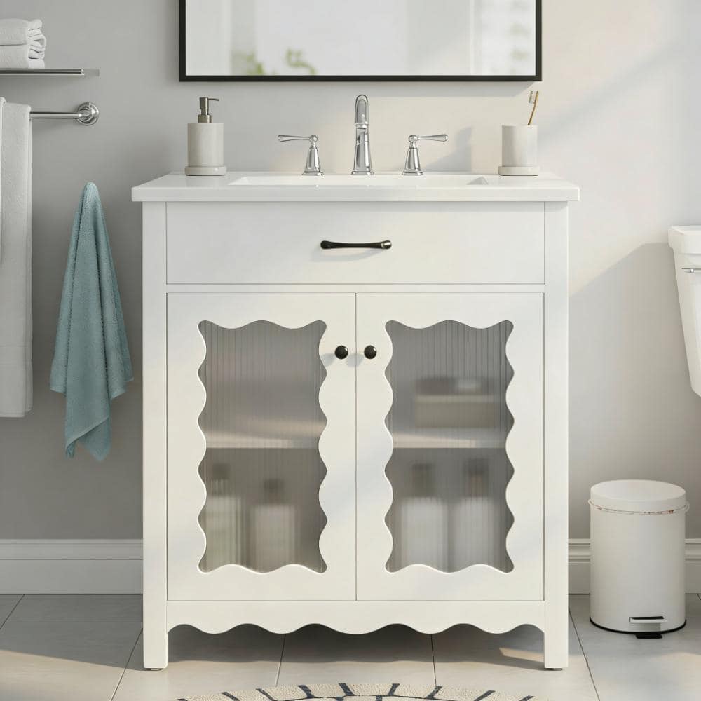 "30"" White Bathroom Vanity with Tempered Glass & Rubber Wood Legs" price history on PriceWatchPro