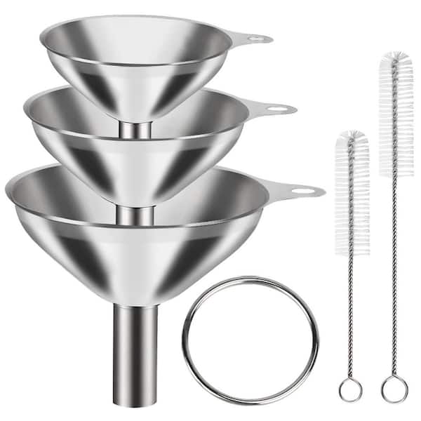 6-Piece Stainless Steel Mini Funnel Set with Clip Ring and Cleaning Brushes, Silver