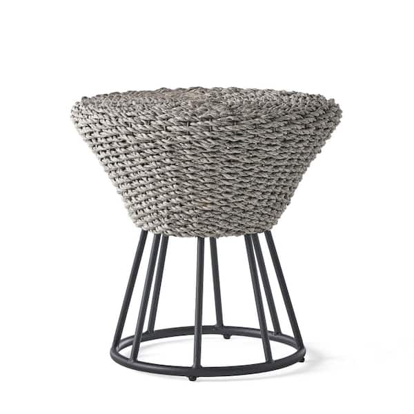 Zeus & Ruta Gray Wicker and Metal Outdoor Patio Side Table for Outdoors, Garden, Lawn, Backyard