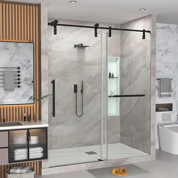 56-60 in. W x 76 in. H Sliding Frameless Glass Shower Door, Handle and Seal Strip for Waterproof, Stylish, Modern, Black