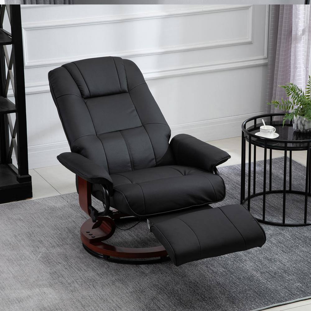 Black Faux Leather Swivel Recliner with Wood Base