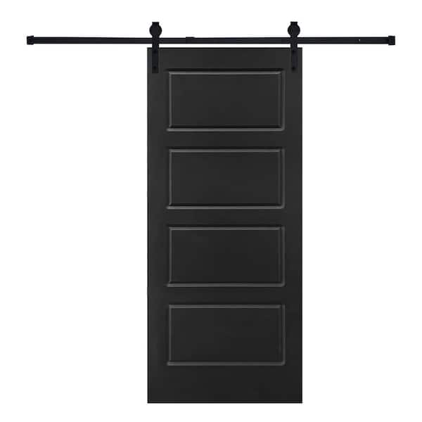 AIOPOP HOME Modern 4-Panel 21 in. x 84 in. MDF Black Barn Sliding Door with Hardware Kit