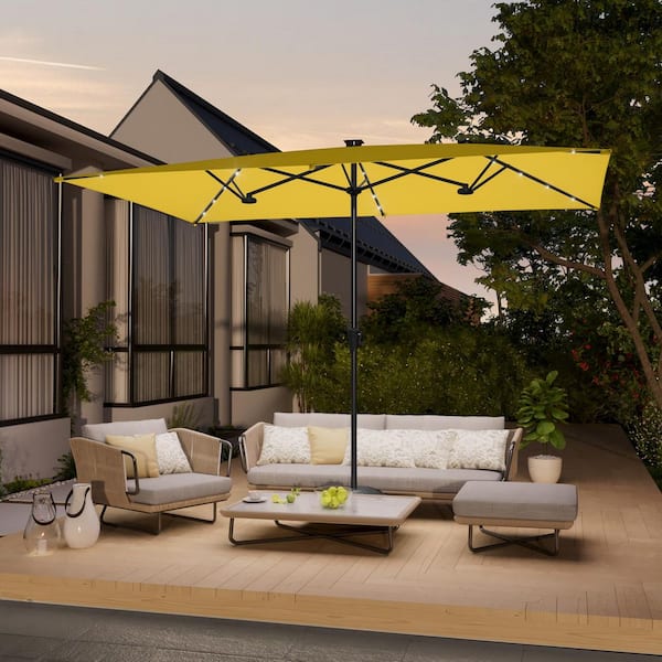 10 x 6.5 ft. Steel Solar-powered Large Double-Sided Rectangular Outdoor Market Patio Umbrella with Crank in Yellow