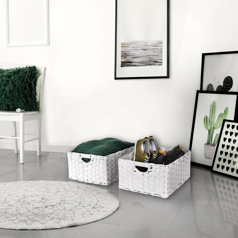 White Handwoven Square Storage Baskets with Handles (2-Pack)