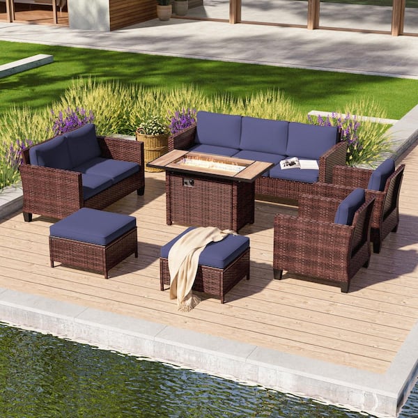 7-Pieces Patio Conversation Set with Rectangle Fire Pit Table and Loveseat Sofa, Brown Wicker with Navy Blue Cushions