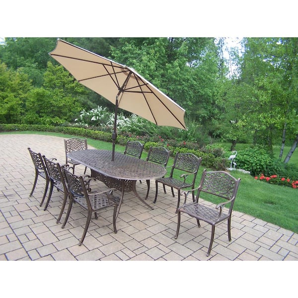 Unbranded 11-Piece Aluminum Outdoor Dining Set and Beige Umbrella