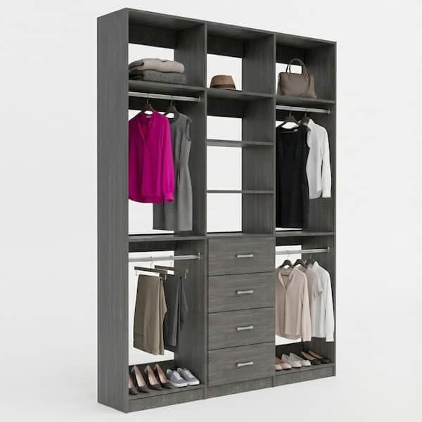Alto Collection 54 in. W Grey Wall Mounted 2-Double Hang and 4-Drawer with Extensions Wood Closet System