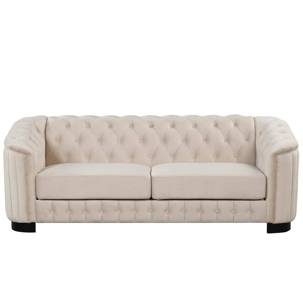 82 in. Square Arm Velvet Rectangle Sofa with Rubber Wood Legs in. Beige
