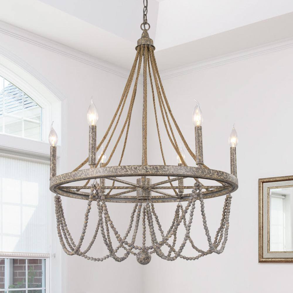 White Wood Bead Chandelier - 3-Light Farmhouse Boho Ceiling Fixture, Flush Mount (Bulbs Not Included)