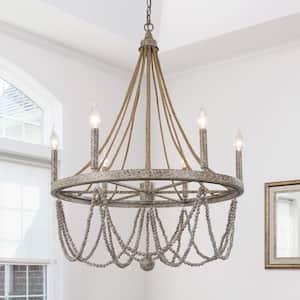 6-Light Distressed Grey Boho Farmhouse Empire Candlestick Chandelier with Wood Beaded and Rope Accents