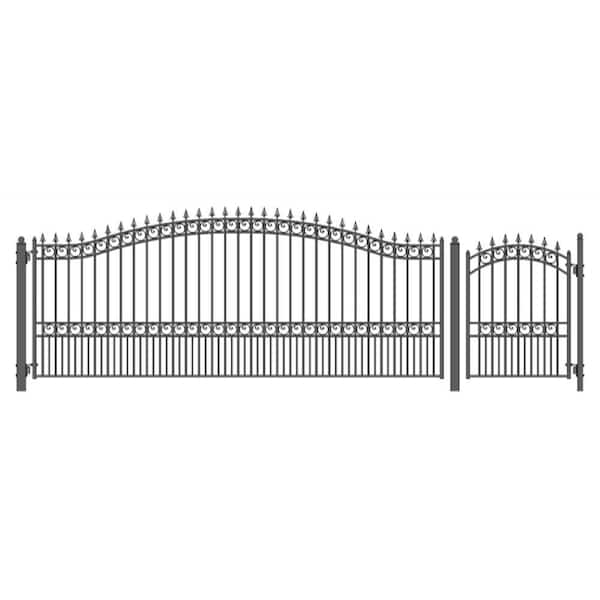 London Style 18 ft. x 5 ft. Black Steel Single Swing Driveway Gate with Pedestrian Gate