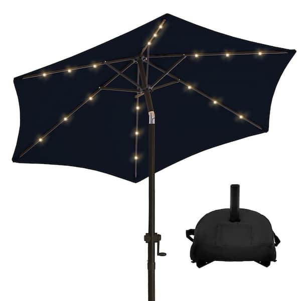 PASAMIC 7.5 ft. Solar LED-Lit Market Patio Umbrella with Base and Push-Button Tilt in Navy Blue
