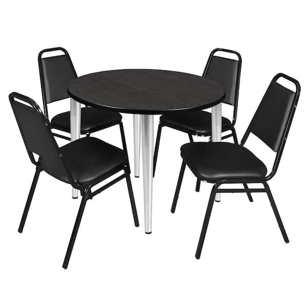 Regency Trueno 36 in. Round Ash Grey and Chrome Wood Breakroom Table and 4-Black Restaurant Stack Chairs (Seats 4)