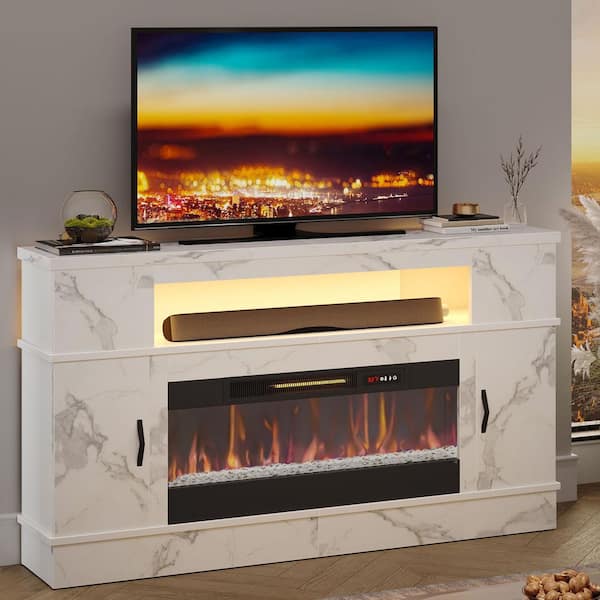 63 in. White Marble Freestanding Electric Fireplace TV Stand Fits TV Up to 70 in. Entertainment Center with Cabinet