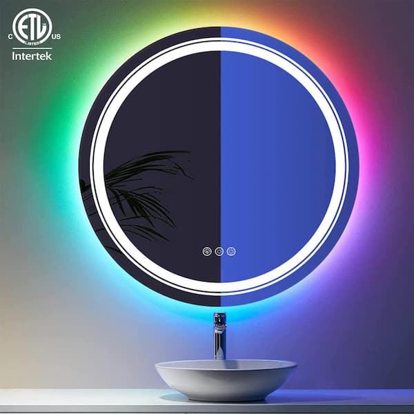 Apmir 36 in. W x 36 in. H Round Frameless High-quality 192 LEDs/m RGB LED Anti-Fog Tempered Glass Wall Bathroom Vanity Mirror