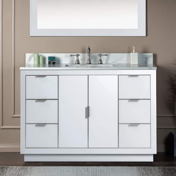 WOODBRIDGE Venice 49 in.W x 22 in.D x 38 in.H Bath Vanity in White with Engineered stone Vanity Top in Fish Belly with White Sink