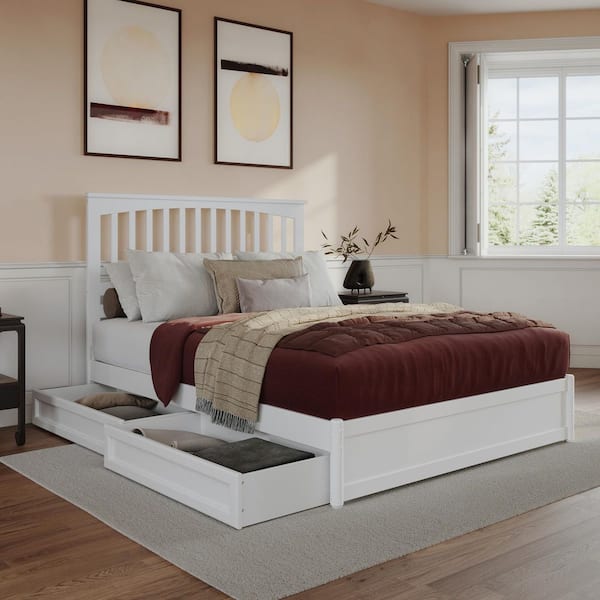 AFI Everett White Solid Wood Frame Queen Platform Bed with Panel Footboard and Storage Drawers
