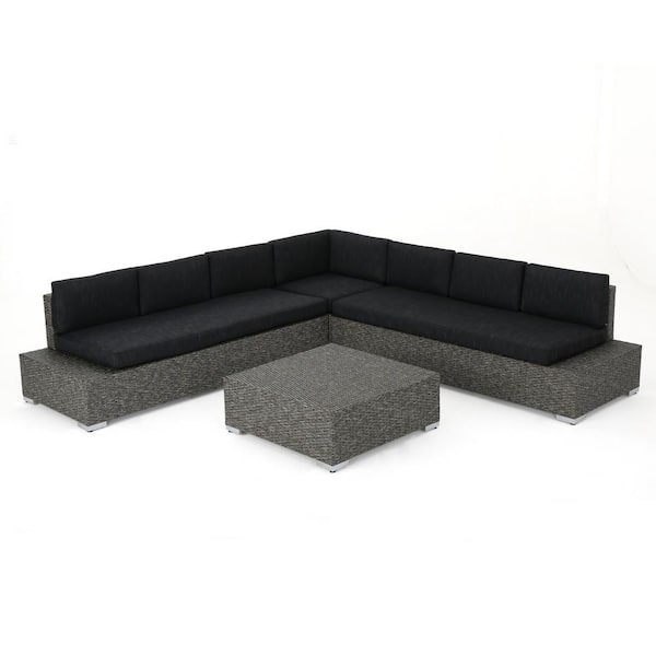 Noble House Puerta Mixed Black 4-Piece Wicker Outdoor Sectional with Dark Grey Cushions