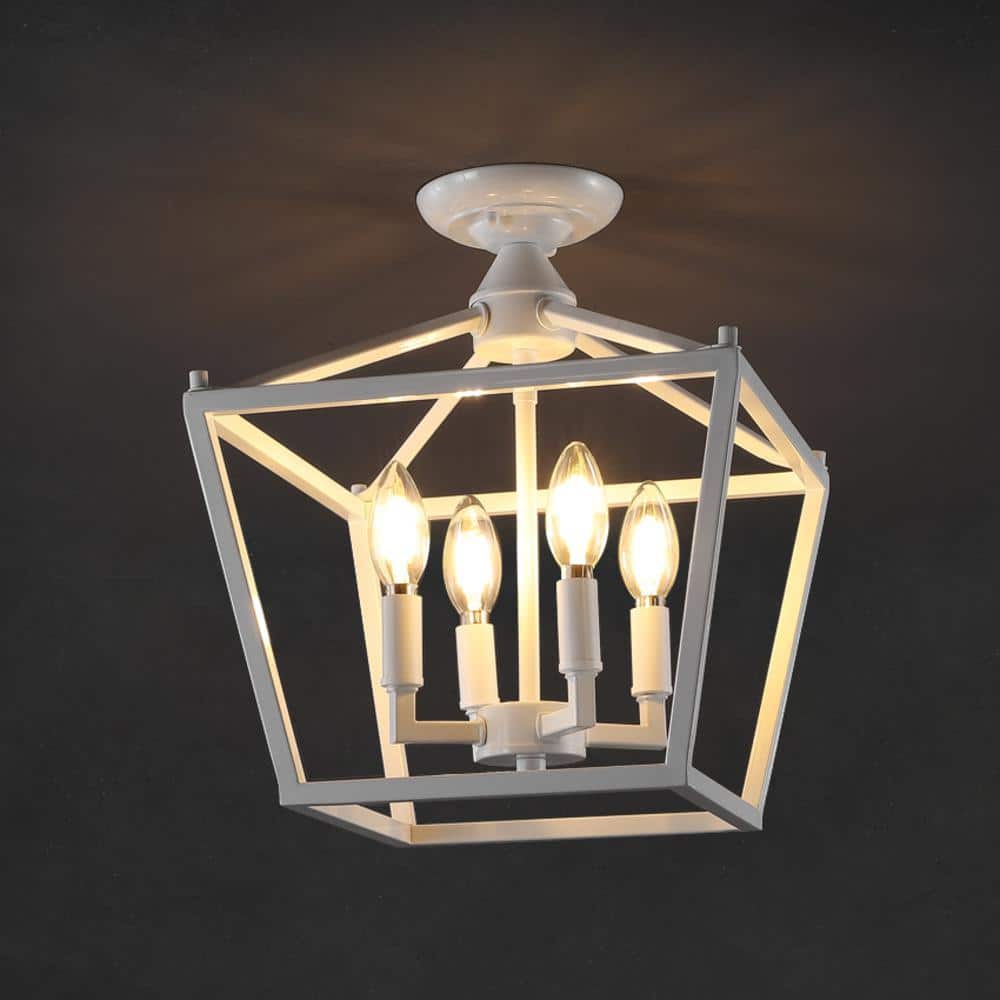 White Iron Farmhouse LED Lantern Flush Mount Light