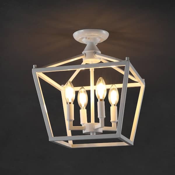 JONATHAN Y Plains Mini Lantern 12 in. 4-Light Iron Modern Farmhouse LED Flush Mount, White