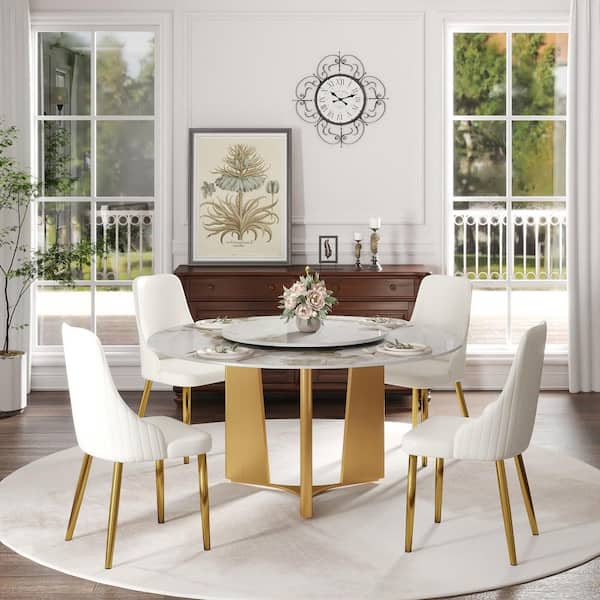 Magic Home 59.05 in. Pandora Lazy Susan Sintered Stone Tabletop with Gold Pedestal Base Dining Table (Seats-8)