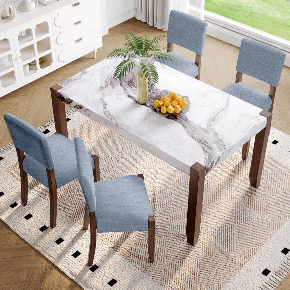 5-Piece Gray and White Faux Marble Top Dining Table Set Seats 4 with 4-Linen Upholstered Chairs price history on PriceWatchPro