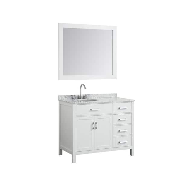 BEAUMONT DECOR Hampton 43 in. Bath Vanity in White with Marble Vanity Top in Carrara White with White Basin and Mirror