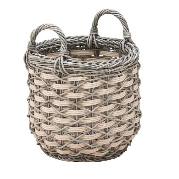Jeedeson White-Gray 18 in. x 18 in. x 19.6 in. Round Resin Woven Wicker Multi-Use Storage Basket with Handles