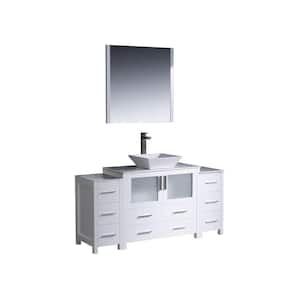 Torino 60 in. Vanity in White with Glass Stone Vanity Top in White with White Basin and Mirror (Faucet Not Included)