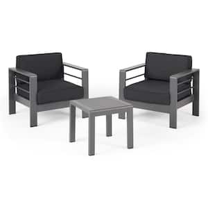 Cape Coral Grey 3-Piece Aluminum Outdoor Patio Conversation Seating Set with Dark Grey Cushions