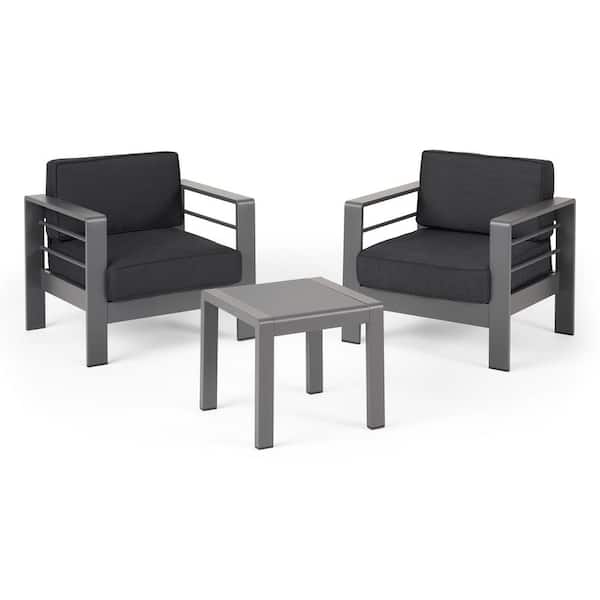 Noble House Cape Coral Grey 3-Piece Aluminum Patio Conversation Seating Set with Dark Grey Cushions