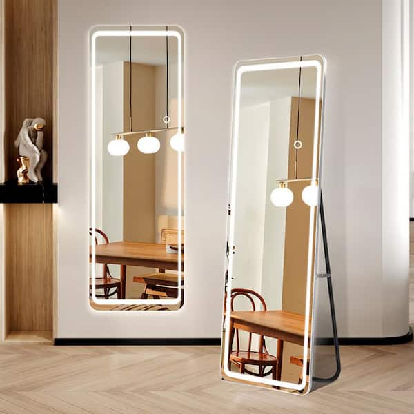 Unbranded White 20 in. W x 63 in. H Wall Mirror Metal Frameless Full Length Mirror with LED Lights 3-Color Dimming Floor Mirror