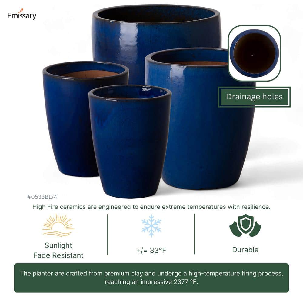 Medium Blue Ceramic Round Bullet Planter with Drainage Holes