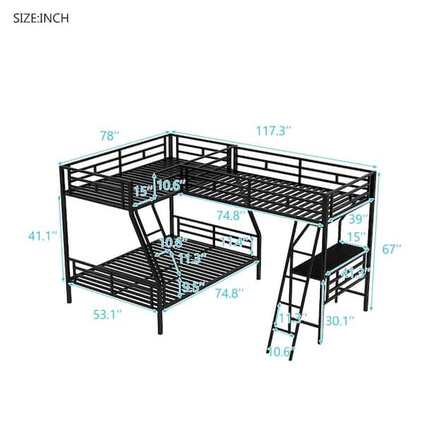 Anbazar Black Metal Triple Bunk Beds, Triple Bunk Bed With Desk Metal Storage