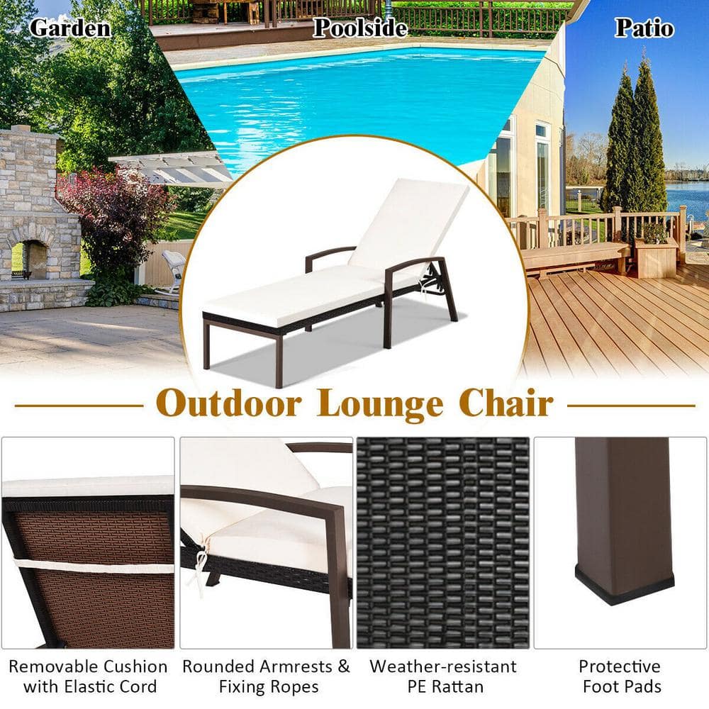 Beige Steel and Rattan Outdoor Chaise Lounge with Cushions