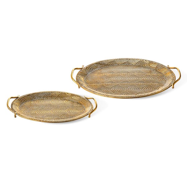 Glitzhome Oval Metal Gold Decorative Trays with Handles（Set of 2）