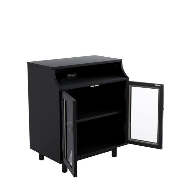 URTR Wooden Black Nightstand with Storage Shelves and Cabinets for Living Room, Bedroom, Glass Door(25''LX16''WX26''H.)