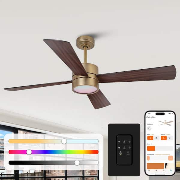 52 in. Standard Modern Gold Downrod 6-Speed ​​Smart Ceiling Fan with RGB Color LED Light and Bluetooth/Remote